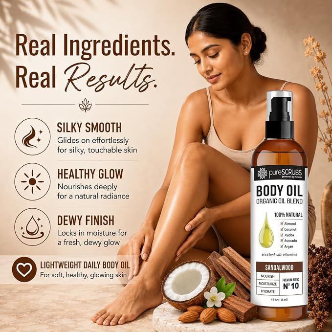 pureSCRUBS Ultra Moisturizing Sandalwood Body Oil for Dry Skin, 4oz | Luxurious After Shower Body Oil for Soft, Silky, Glowing Skin, Non-Greasy, Fast Absorbing & Hydrating Formula with Vitamin E