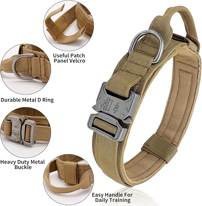 Tactical Dog Collar - Military Dog Collar, Adjustable Heavy Duty Metal Buckle Nylon Collar with Control Handle for Small Medium Large Dogs, (Brown, L)