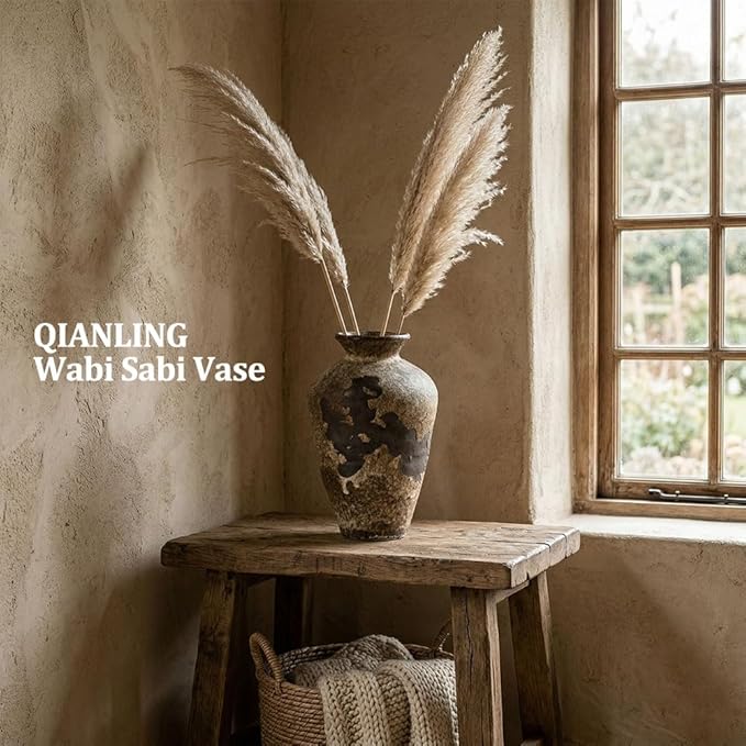 Wabi Sabi Decor Rusty Vintage Vase - 8.7" Tall Rustic Farmhouse Wabi Sabi Vase for Centerpiece, Pottery Stone Flower Vases for Home Decor, Table, Living Room, Bedroom, Bathroom, Kitchen (Rusty Stone)