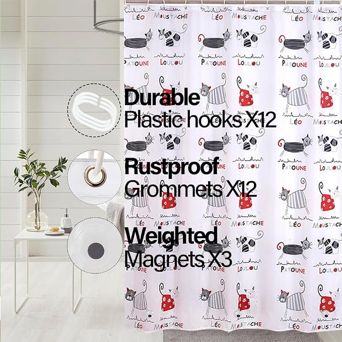 Plastic Shower Liner - Premium PEVA 4G Shower Curtain Liner with Rustproof Grommets and 3 Weighted Magnets, Waterproof Shower Curtains for Bathroom (Cat)
