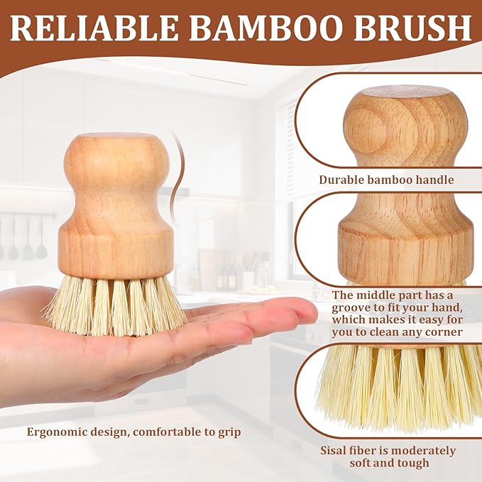 12 Pack Bamboo Scrub Brush for Dishes, Wooden Dish Scrubber Brushes with Natural Sisal Bristle Full Circle Scrub Brush for Kitchen Cleaning Dishes Iron Pot Pan Sink