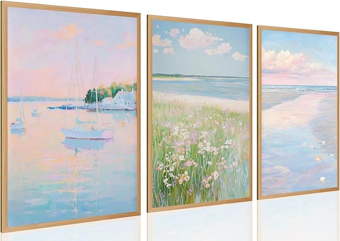 Coastal Pink Wall Art Set of 3 Maximalist Ocean & Beach Landscape Canvas Poster Trendy Sailboats Flowers Sunset Painting Pastel Picture Prints for Bedroom Home Decor 8x12inch Wooden Framed