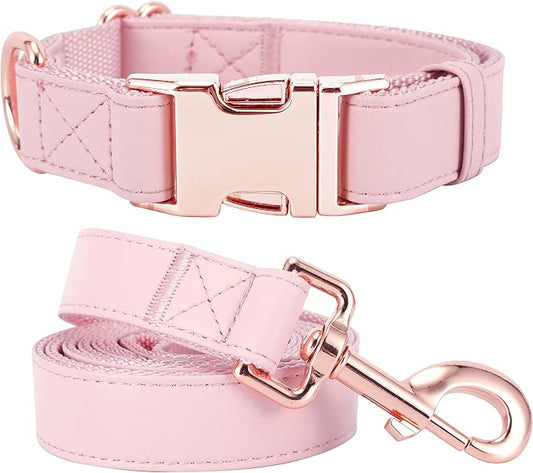 Dog Collar and Leash Set.Soft and Easy to Clean Vegan Leather with Rose Gold Metal Buckle for Small Medium Large Dogs (Pink, S(12.2"-16.9"))