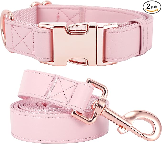 Dog Collar and Leash Set.Soft and Easy to Clean Vegan Leather with Rose Gold Metal Buckle for Small Medium Large Dogs (Pink, L(15.4”-24.8“)