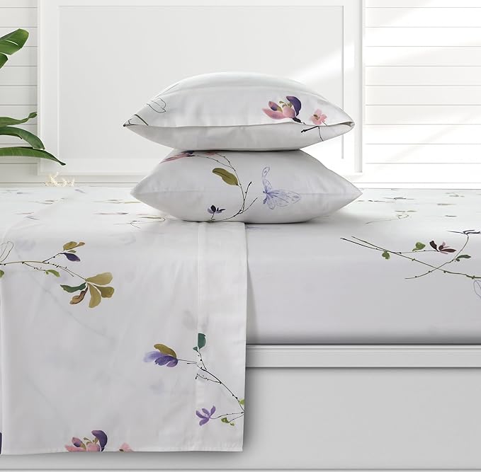AZORES HOME King Organic Cotton Sateen Sheet Set - Deep Pocket, 300 Thread Count, 4-Piece Luxury Bedding, Selena Multicolor