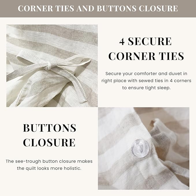 S VICTORY SYMBOL 100% Organic Linen Duvet Cover Set,Yarn Dyed Classic Beige Stripe French Natural Flax Bedding Set,3pcs Farmhouse Comforter Cover Set Full Size