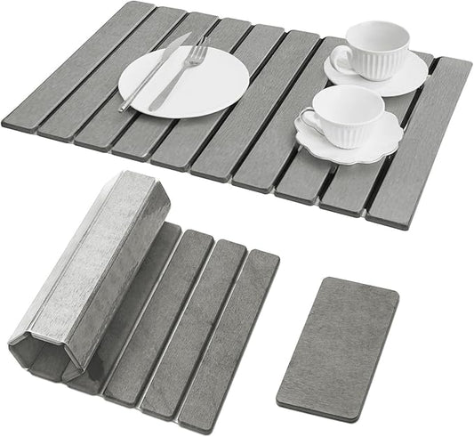 Large Stone Dish Drying Mat for Kitchen Counter,Natural Quick Dry Stone Dishes Mats,Foldable Water Absorbing Diatomaceous Earth Drying Organizer Pad for Kitchen Utensils(Light Gray 24"×16" & 8"x4")