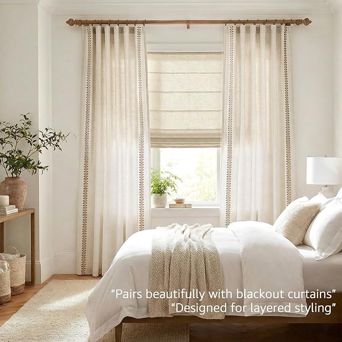 jinchan Beige Linen Blend Curtains with Woven Trim Boho Curtains 84 Inches Length 2 Panels for Living Room Bedroom Light Filtering 50 Inches Wide Rustic Farmhouse Drapes with Rod Pocket Back Tab Ecru