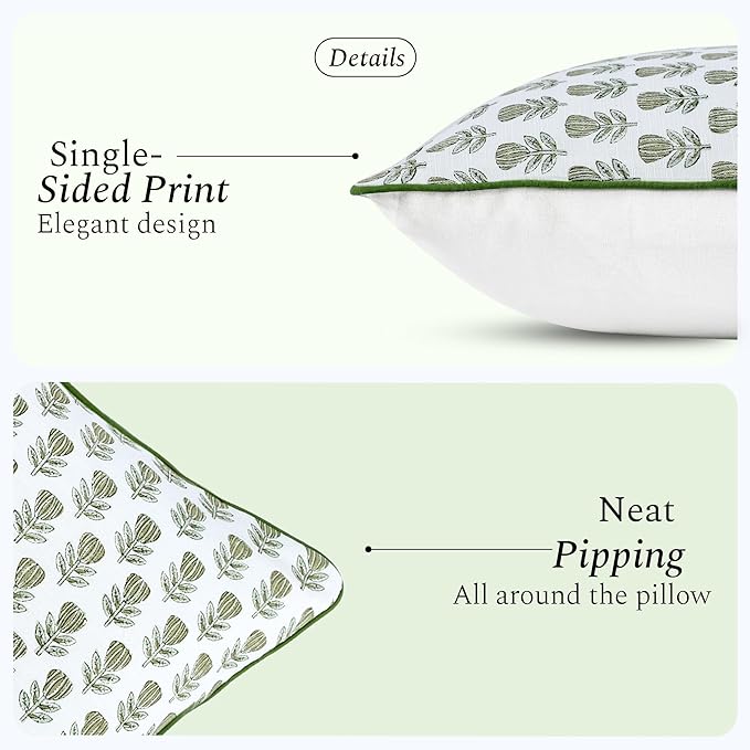 CPC Rustic Sage Trellis Block Print Throw Cushion Cover 18 x 18 Inch Set 2 - Decorative Boho Floral Pillow Case for Living Room, Bed, Sofa Home Decor Gift for Spring, Mother's Day