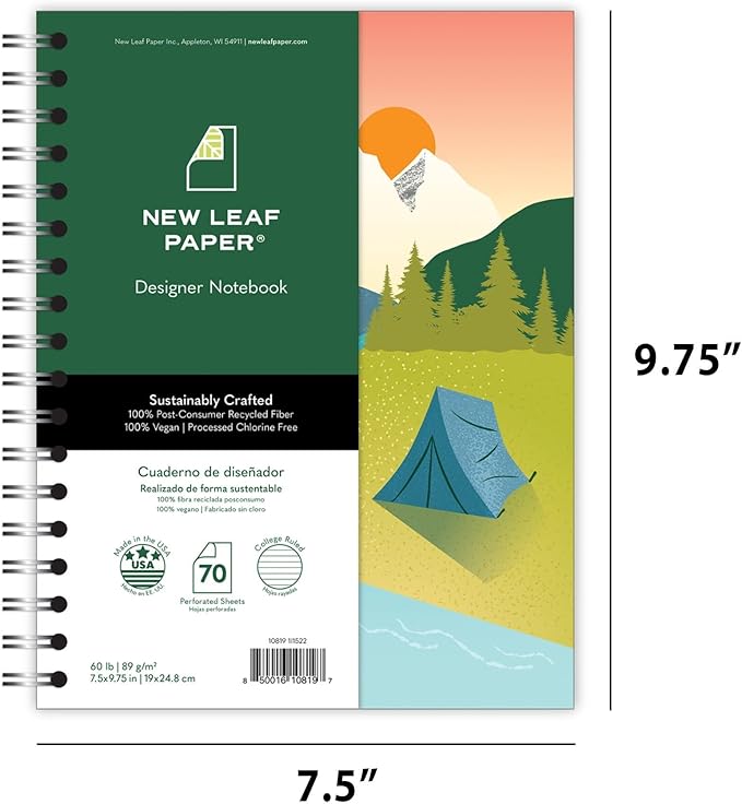 Small Spiral Bound Recycled Notebook, Camping Design, 9.75" x 7.5", 70 Sheets, Double-Wire, College Ruled, Vegan, Made in USA