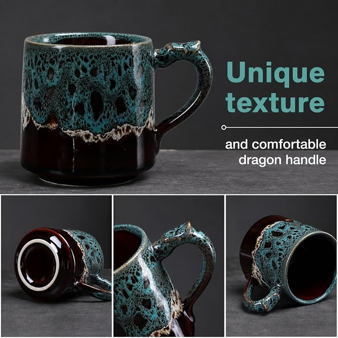 12oz Boho Style Leopard Pattern Reactive Glaze Ceramic Pottery Coffee Mug, Lead-Free Glaze Ceramic Tea Mug,Tea cup with handle, stoneware mugs, Microwave and Dishwasher Safe (blue) (Blue)