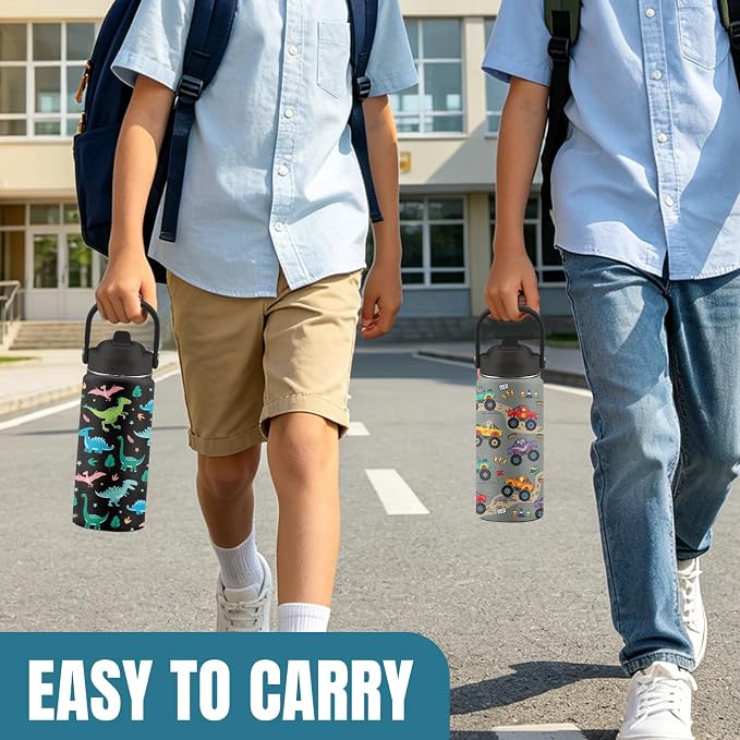 16 oz Water Bottle with Straw Lid, 2 Pack Set, Truck Dinosaur Gifts for Boys Girls, Stainless Steel Insulated Water Bottles for School Travel Outdoor Sports, Truck Dinosaur Cup Birthday Gifts