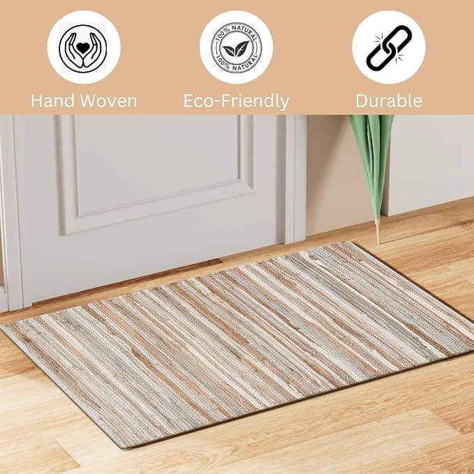 WeWove Hand Woven Chindi Rug Cotton - Boho Rustic Farmhouse Area Accent Throw Rug - Area Floor Carpet for Bedroom Living Room Kitchen Dorm Entryway Hallway - 20x32 inch Area Rug Beige Multi