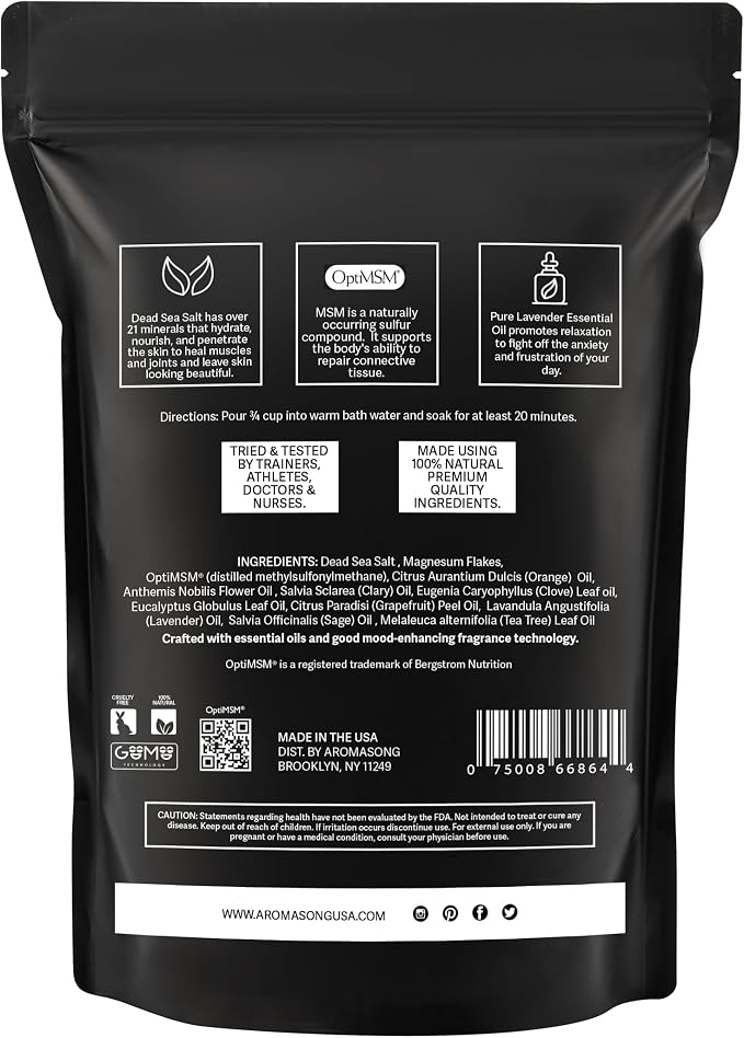 Aromasong Muscle Recovery Bath Soak with Dead Sea Salt, OptiMSM, Magnesium Flakes & Essential Oils for Post Workout Soreness - Made in USA - 14 oz. Bag Bath Salt for Pain Relief.
