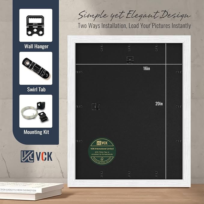 VCK 16x20 Picture Frames White 3 Pack, Wide Border Wood, Tempered Glass, Display 11x14 Photo with Mat or 16 x 20 without, for Home, Office, Gallery, Woodgrain Series, Wall Hanging
