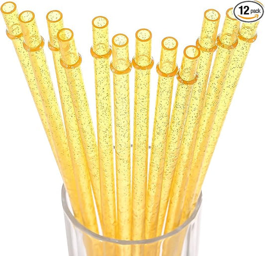 Dakoufish BPA-Free 12 Piece 11 Inch Reusable Clear Plastic Glitter Sparkle Drinking Straw Plus one Cleaning Brush (Yellow,11inch)
