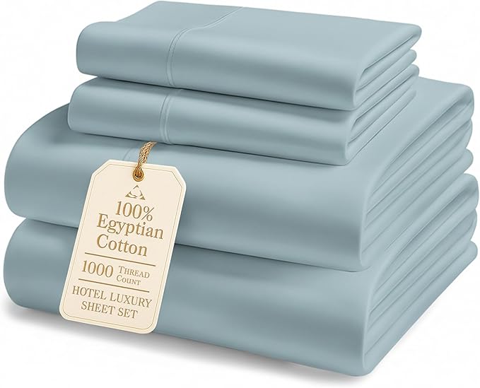100% Egyptian Cotton Queen Size Sheet Set - 1000 Thread Count Silky Sateen Weave Naturally Breathable & Durable Winter Comfort, Hotel Soft Luxury Comfort with 15" Deep Pocket Queen Sheets -French Blue