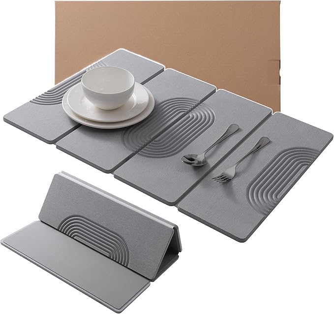 23.6"×15.7" Diatomaceous Earth Stone Dish Drying Mat, Foldable Super Absorbent Quick Dry Non-Slip Eco-Friendly Pad for Kitchen Counter, Dishes, Cups, Bottles & Utensils, Light Gray