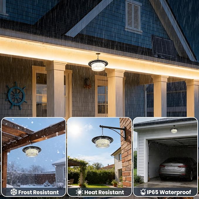 Solar Shed Light Indoor Outdoor, Upgrade Pendant Light 244 LED Three Colors 360° Lighting with Motion Sensor, Waterproof Solar Lights with 3 Modes, Remote & Timer for Shed Gazebo Garage Barn
