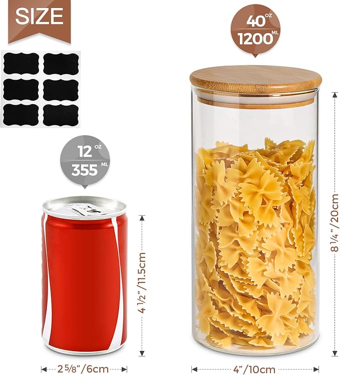 ComSaf Set of 9 Glass Storage Containers with Lids, Glass Jars with Bamboo Lids, Clear Food Storage Jar, Round Glass Canister, Pantry Organizers and Storage for Pasta Flour Rice Coffee Bean