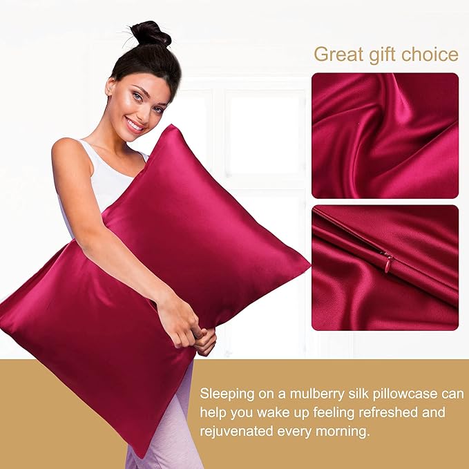 uxcell 1 Pack 100% Charmeuse Pure Silk Pillowcase for Hair and Skin, 350TC 19 Momme Soft Breathable Pillow Case with Hidden Zipper, Burgundy Queen(20x30inch)