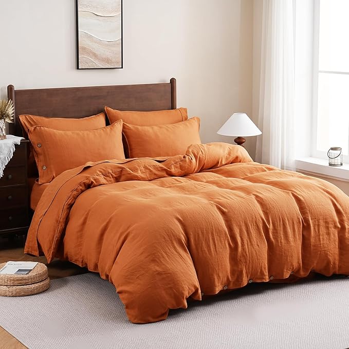 S VICTORY SYMBOL 100% Organic Linen Duvet Cover Set King Size 3pcs,Natural French Washed Flax Bedding Set(1 Duvet Cover and 2 Pillowcases) with Coconut Button Closure (Pumpkin)