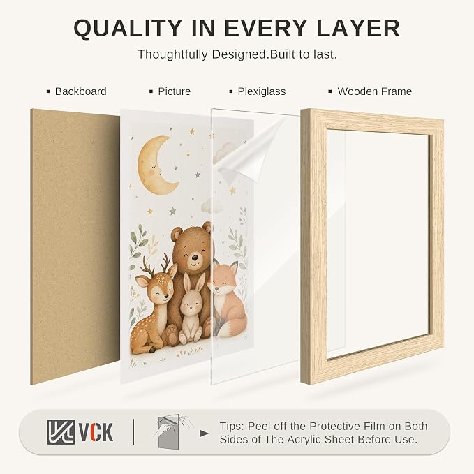 VCK 18x24 Poster Frame 3 Pack - Natural Oak Solid Wood Picture Frames with Exclusive Wood Grain, Wall Hanging