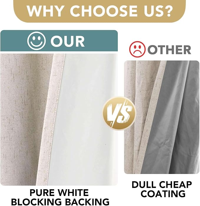 H.VERSAILTEX Linen Blackout Curtains 54 Inches Long 100% Blackout Thermal Insulated Textured Linen Look Curtain Draperies Anti-Rust Grommet, Energy Saving with White Liner, 2 Panels, Natural