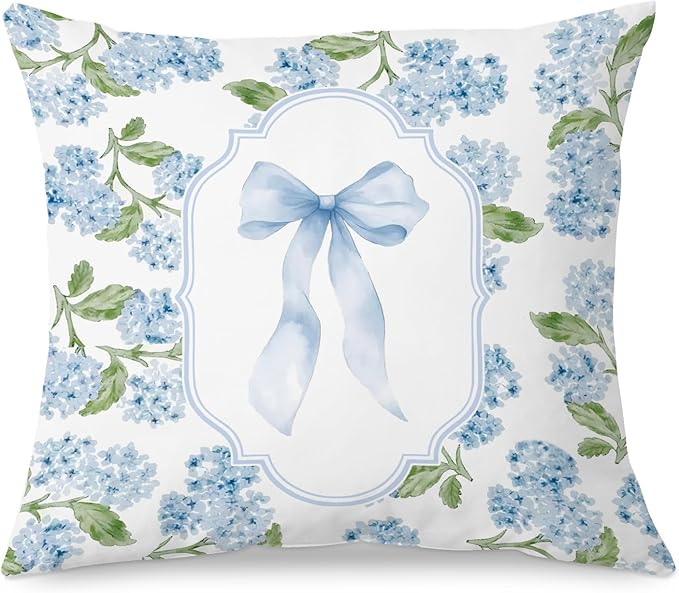 Coquette Blue Bow Hydrangea Floral 18x18 Pillow Cover, Grandmillennial Home Decor, Preppy Girly Blue Hydrangea Flower Decorative Throw Pillow Cover for Home Bedroom Living Room