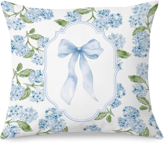 Coquette Blue Bow Hydrangea Floral 18x18 Pillow Cover, Grandmillennial Home Decor, Preppy Girly Blue Hydrangea Flower Decorative Throw Pillow Cover for Home Bedroom Living Room