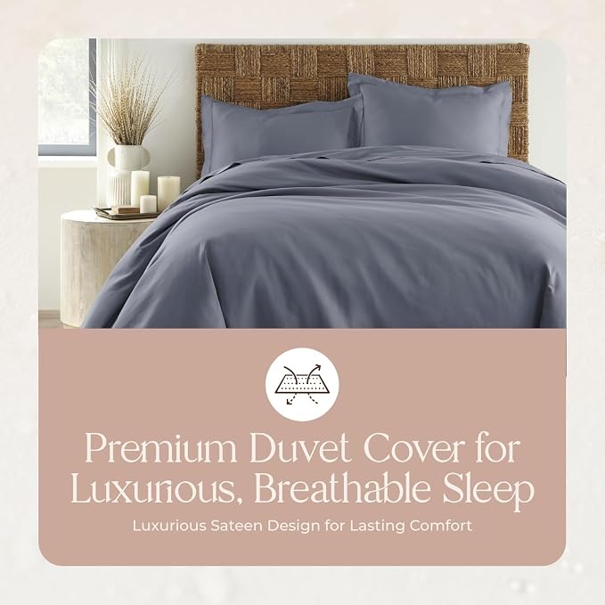 100% Organic Cotton Duvet Cover Queen Size - Naturally Soft Lightweight & Cooling Duvet Cover Set with Decorative Shams - Premium GOTS Certified 300 Thread Count Sateen Weave (Mineral, Queen)