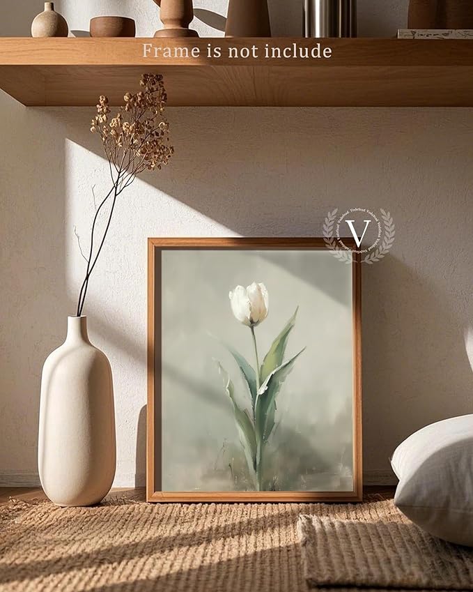 Vodefoad Vintage Neutral White Tulip Wall Art, Neutral White Tulip Wall Art, Minimalist Spring Flower Painting, Retro Botanical Print, Eater Farmhouse Decor for Gallery Home Bedroom Farmhouse Bedroom - 8x10Inch Unframe