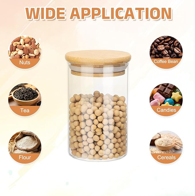 uxcell Glass Food Storage Jars 8.45oz Glass Canisters with Bamboo Airtight Wooden Lids Food Storage Container for Coffee Tea Sugar Candy Cookie Rice Flour Pasta Nuts Clear