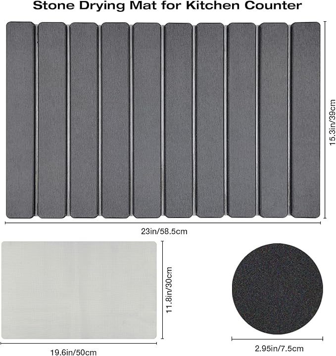 Large Diatomite Kitchen Counter Drying Mat – 24”x16”, Aesthetic Stone Mat for Dishes, Roll-Up Space-Saving & Quick-Drying Stone Rack
