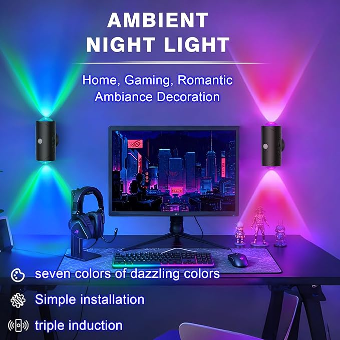 Motion Sensor Night Light Indoor, 1500mAh Rechargeable RGB Color Changing LED Wireless Wall Sconce Set of Two with Magnetic Base, Peel and Stick Sconces for Bedroom, Bathroom, Hallway, Stairs