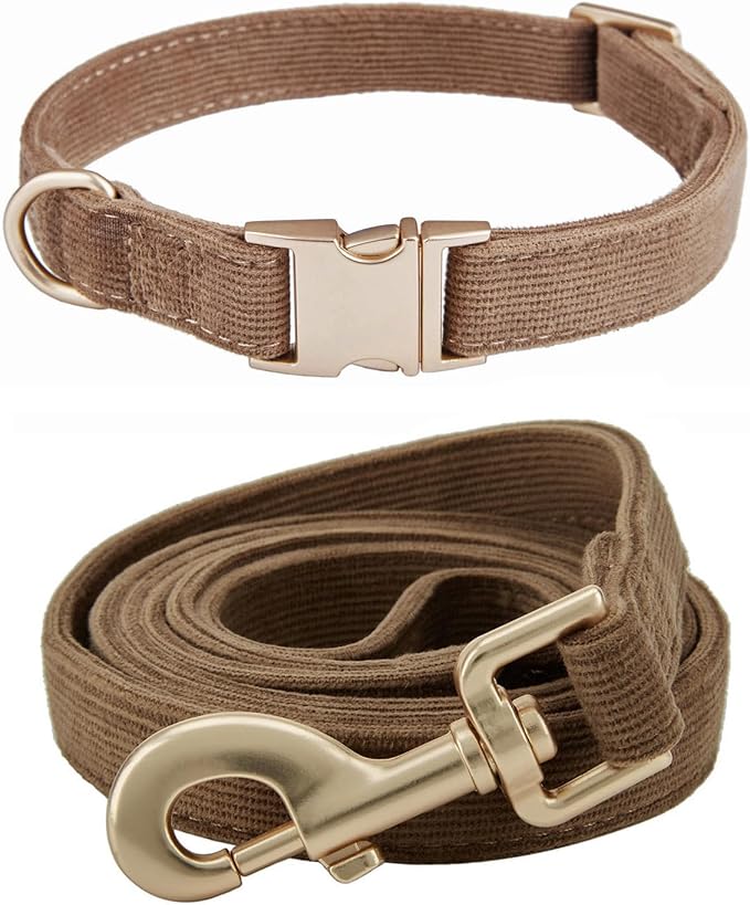 Soft Corduroy Dog Collar and Leash Set Adjustable Durable Dog Collars with Metal Buckle and Lead for Medium Dogs,Brown