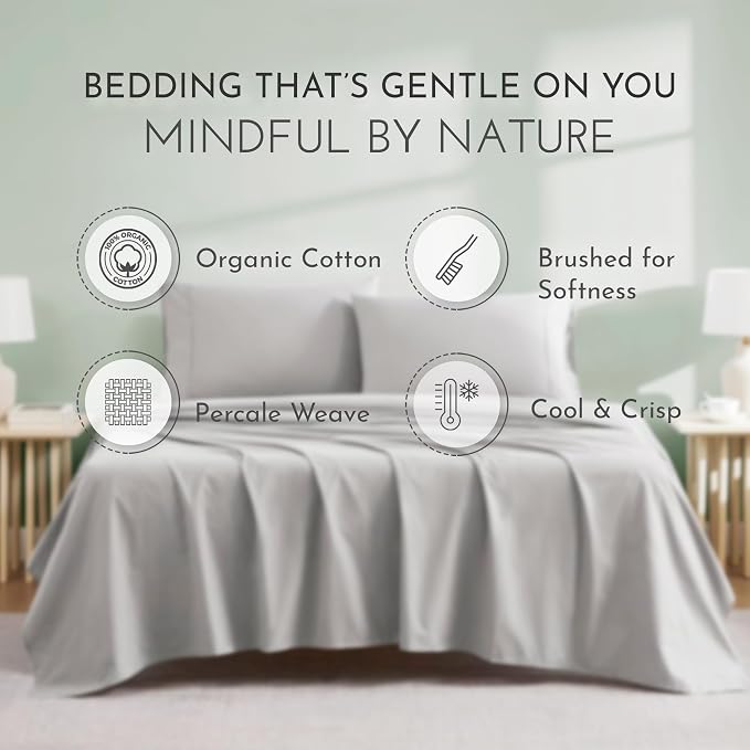 Linen Closet 100% Organic Cotton Queen Sheets Set - 4 Pieces Percale Weave Cooling Bed Sheets for Hot Sleepers - 16" Deep Pocket Fitted Sheet - Crisp, Breathable & Brushed for Softness - Dark Gray