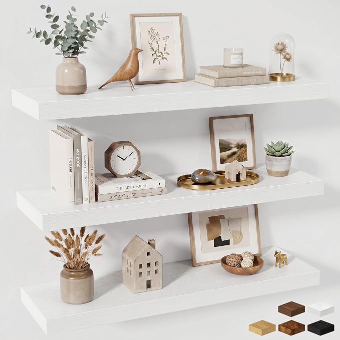 Fun Memories Floating Shelves Set of 3, 36 Inch Long Wooden Wall Shelves, 10 Inch Deep Wall Mounted Storage Shelf with Metal Brackets for Living Room, Bathroom, Bedroom and Kitchen, White