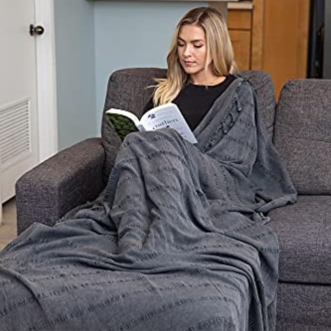 nfuseZen Large Stonewashed Turkish Throw Blanket - 100% Organic Turkish Cotton - 92" x 69" - Soft, Lightweight, Cozy - Love Seat, Sofa, Bed, Picnic, Yoga - Sand Free Beach Blanket - Charcoal Grey