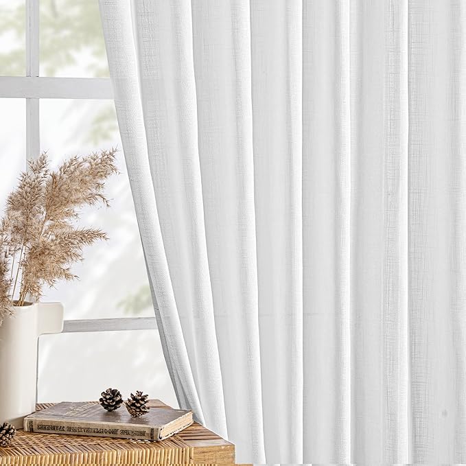 MIULEE White Linen Curtains Short 45 Inch Length 2 Panels for Kitchen Bedroom, Soft Thick Linen Textured Window Drapes Semi Sheer Light Filtering Back Tab Rod Pocket Burlap Look Decor
