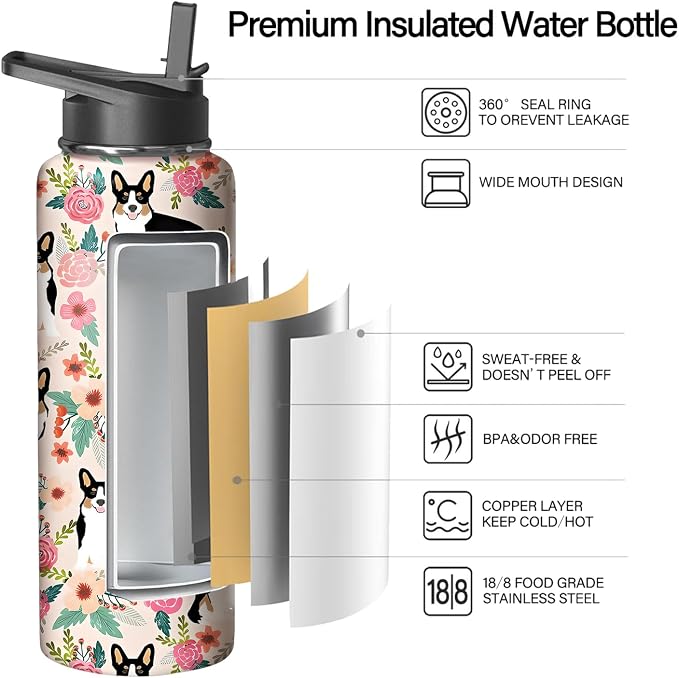 40oz Corgi Water Bottle with Handle and Flip Straw, Dog Animal Sports Stainless Steel Insulated Cup Travel Coffee Mug Tumbler, Birthday Mothers Day Chritmas Gifts for Women