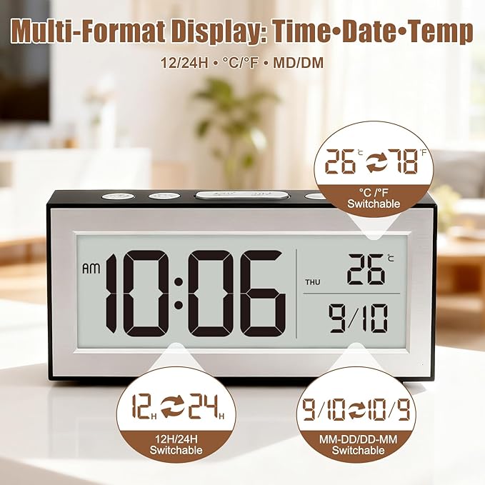 ALANAS Battery Operated Alarm Clock, Portable Digital Clock with Large Display, Snooze, Temperature & Date, Auto-Dim Night Light for Easy Reading, Ideal for Seniors, Kids, Bedroom, Travel, Nightstand