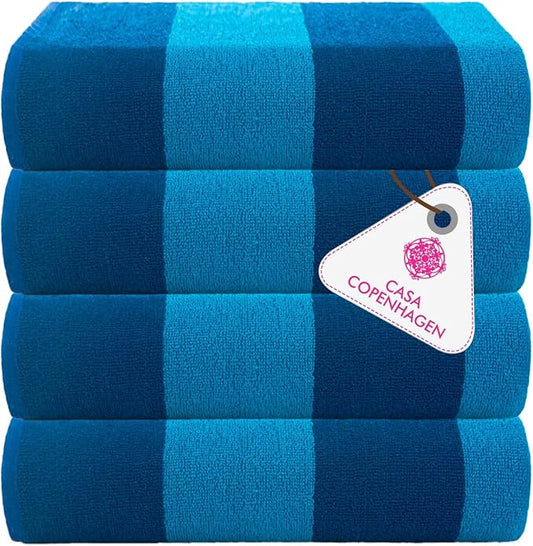 CASA COPENHAGEN Malibu Beach Towels Designed in Denmark Rough and Tough, Quick Dry, for Pool, Bath & Shower 30x60 inches 4 Pieces Cotton Beach Bath Towels Set - Blue