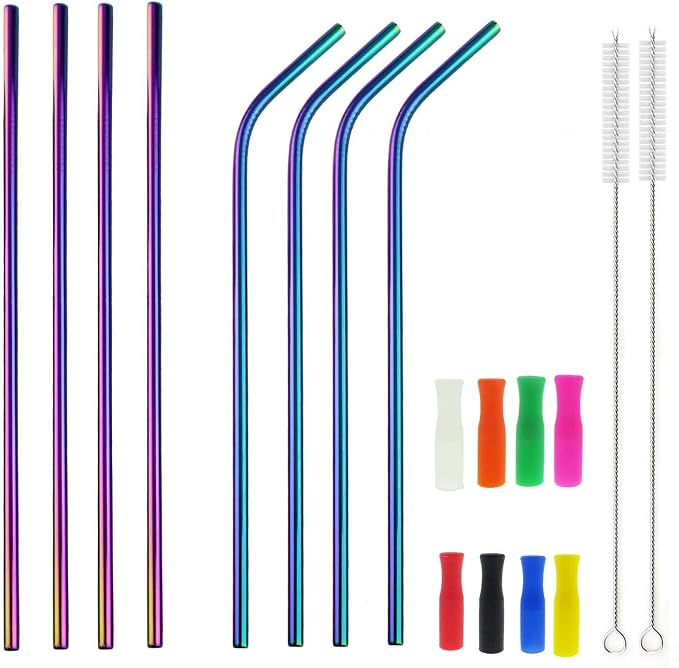 12 Inch Colorful Stainless Steel Straws, 8pcs Ultra Long Reusable Rainbow Color Metal Drinking Straws with Silicone Tips and Cleaning Brush for Big Tumblers