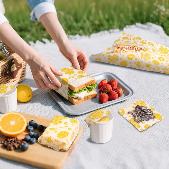 Reusable Beeswax Food Wraps, 9 Pack - Assorted Sizes (XS,S, M, L) | Organic Cotton, Eco Friendly, Plastic Free | Honeycomb Design (Orange)