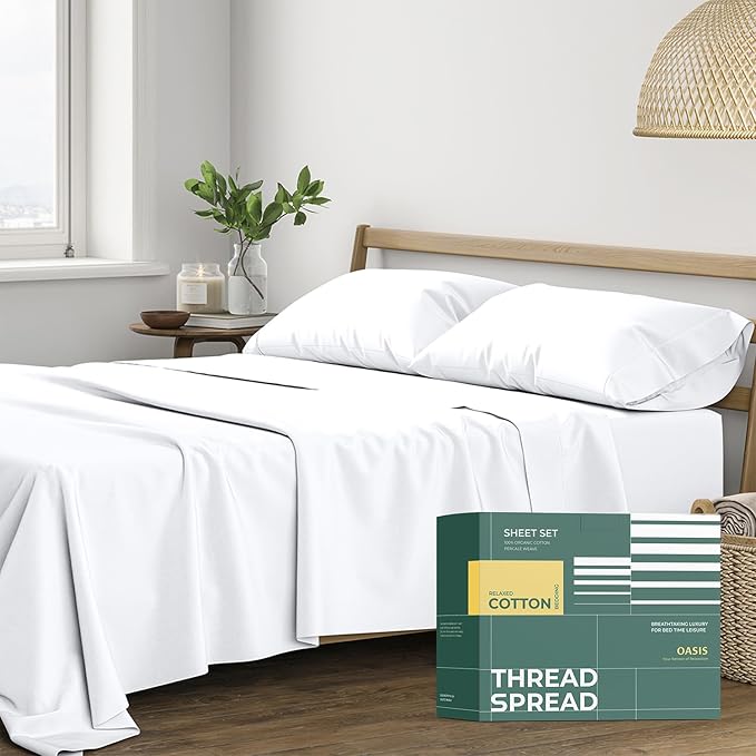 THREAD SPREAD 100% Organic Cotton Sheets California King Size - 4 PC Organic Cotton Cal King Size Percale Weave Sheet Set, Soft, Cooling & Crisp, 16" Deep Pocket Hotel Quality Bedding Set - White
