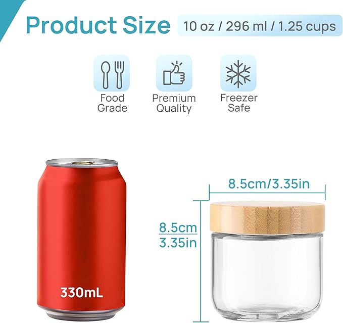Vtopmart 6 Pack 10oz Glass Overnight Oats Containers with Bamboo Lids, Portable Wide Mouth Glass Jars Leak Proof, Reusable Food Storage Containers for Meal Prep, Jam, Sauce, Salad Dressing, and Snacks