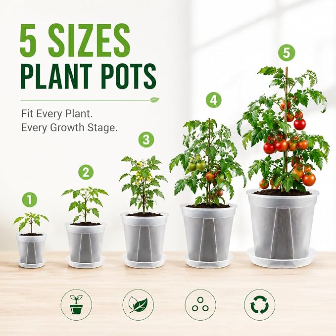GREENPARA Transparent Plastic Garden Pots Planter with Saucer 4/5 /6/7 /8 inch Plant Pot Nursery Pots Drainage Hole for House Plants, Herb, Flowers, and Cactus with 10pcs Plant Labels, 5-Set