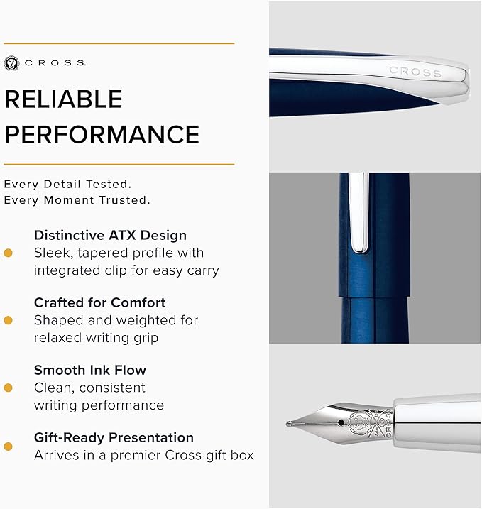 Cross ATX Translucent Blue Lacquer Stainless Steel Fine Nib Fountain Pen - Refillable Pen for Smooth Writing - Black Ink - Comfortable Grip - Long-Lasting - Professional Office Supplies