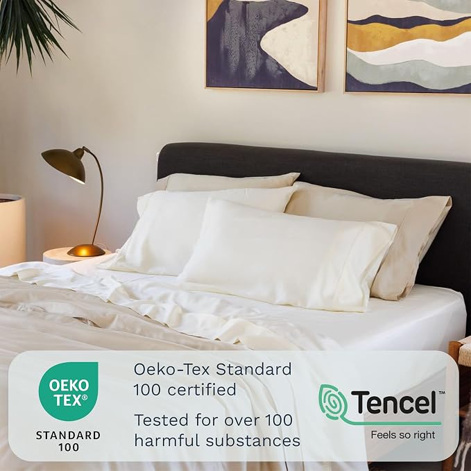Olive + Crate Tencel Eucalyptus Pillowcases - 100% Tencel Lyocell Cooling Pillow Cases for Hot Sleepers - Hypoallergenic, Moisture-Wicking, Silk Alternative, Vegan - Queen Size Set of 2 - Beige